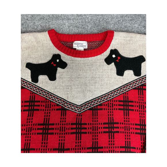 Vintage Hasting & Smith Scottie Scottish Terrier Dog Red Checkered Sweater Sz L - Picture 5 of 11